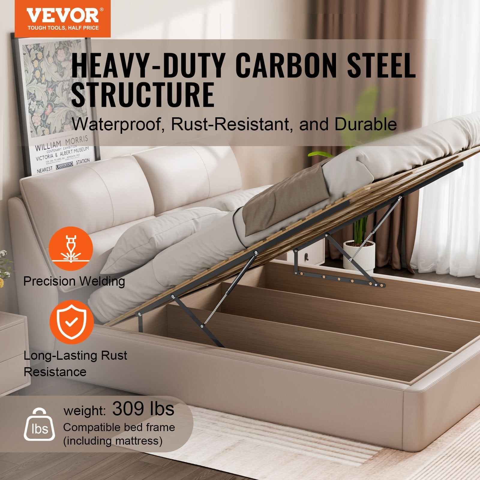 Bed Lift, 59x79 in Compatible Extra-large Size 309 lbs Load Bearing, DIY Wall Bed Mechanical Hardware Kit Vertical Deluxe, Pneumatic Lever Heavy Duty Support, Folding for Guestroom