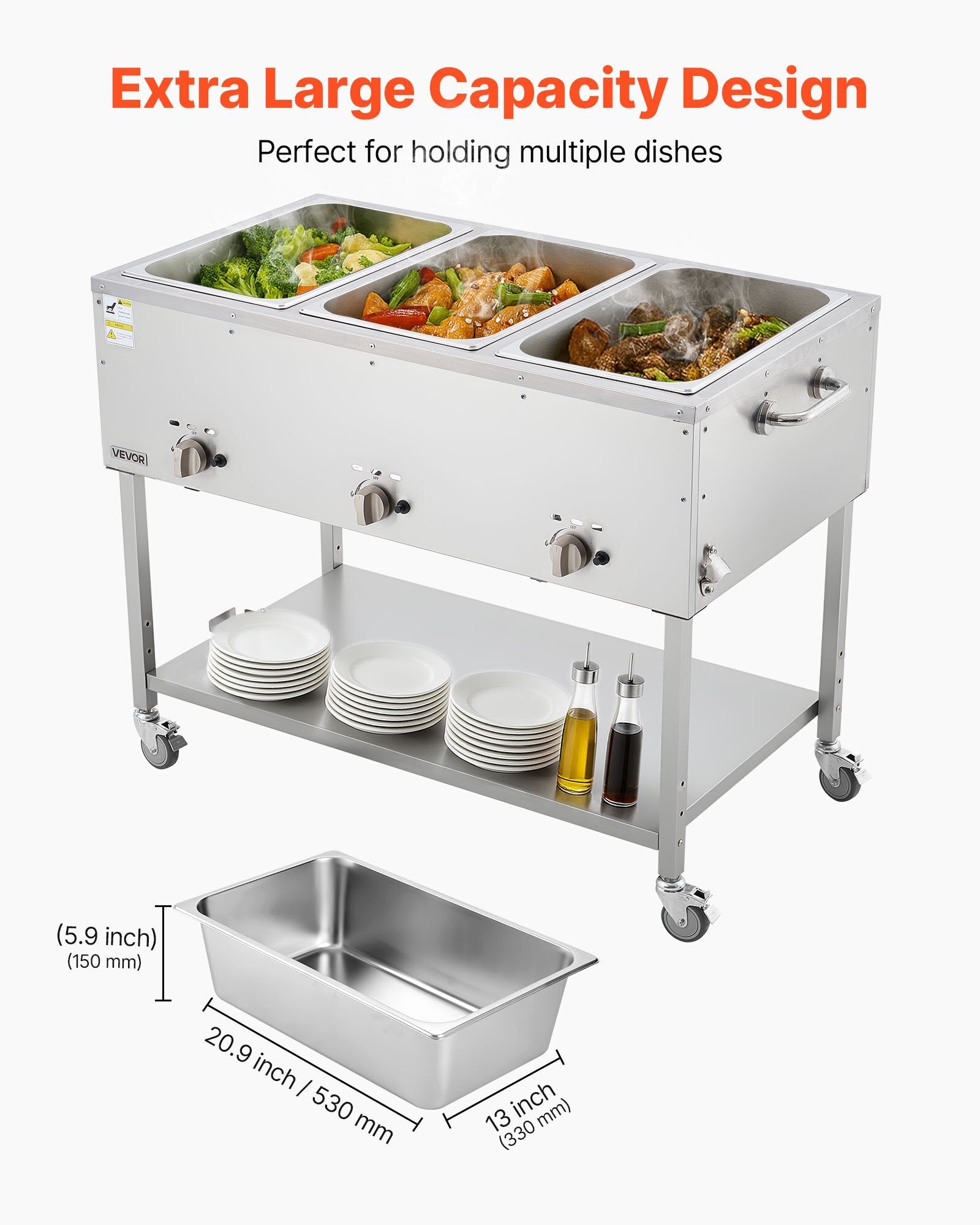 3-Pan Commercial Propane Steam Table, LP Gas Outdoor Soup Warmer with Drain Valve and 3" Wheels, Stainless Steel Propane Food Warmer with Independent Temp Control, for Restaurant Outdoor Camping
