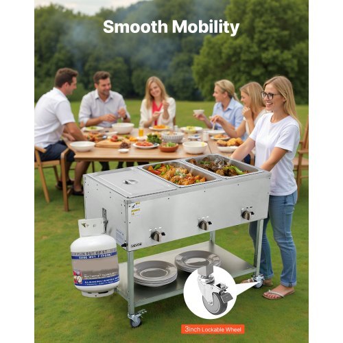 3-Pan Commercial Propane Steam Table, LP Gas Outdoor Soup Warmer with Drain Valve and 3" Wheels, Stainless Steel Propane Food Warmer with Independent Temp Control, for Restaurant Outdoor Camping