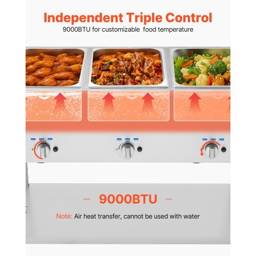 3-Pan Commercial Propane Steam Table, LP Gas Outdoor Soup Warmer with Drain Valve and 3" Wheels, Stainless Steel Propane Food Warmer with Independent Temp Control, for Restaurant Outdoor Camping