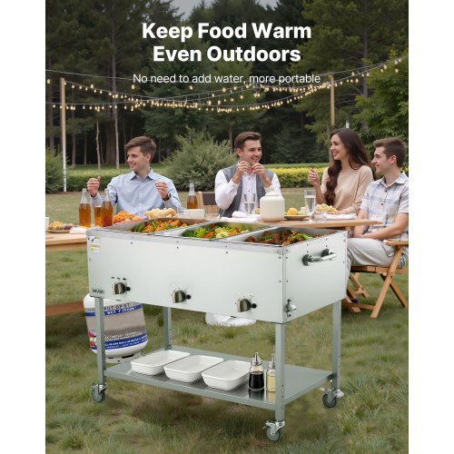 3-Pan Commercial Propane Steam Table, LP Gas Outdoor Soup Warmer with Drain Valve and 3" Wheels, Stainless Steel Propane Food Warmer with Independent Temp Control, for Restaurant Outdoor Camping