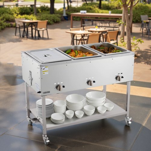 3-Pan Commercial Propane Steam Table, LP Gas Outdoor Soup Warmer with Drain Valve and 3" Wheels, Stainless Steel Propane Food Warmer with Independent Temp Control, for Restaurant Outdoor Camping