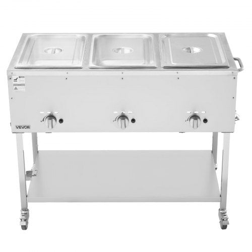 3-Pan Commercial Propane Steam Table, LP Gas Outdoor Soup Warmer with Drain Valve and 3" Wheels, Stainless Steel Propane Food Warmer with Independent Temp Control, for Restaurant Outdoor Camping