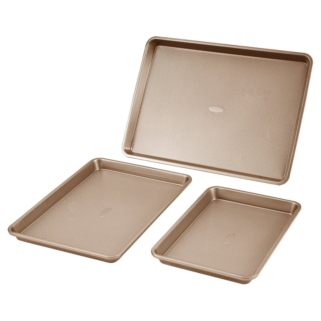 Baking Pans Set, 3-Piece, Nonstick Carbon Steel Cookware Sheets & Trays, Stackable Kitchen Oven Bakeware Cooking Sets with Silicone Handles, Easy to Clean, for Baking Cookie Cake Muffin Bread