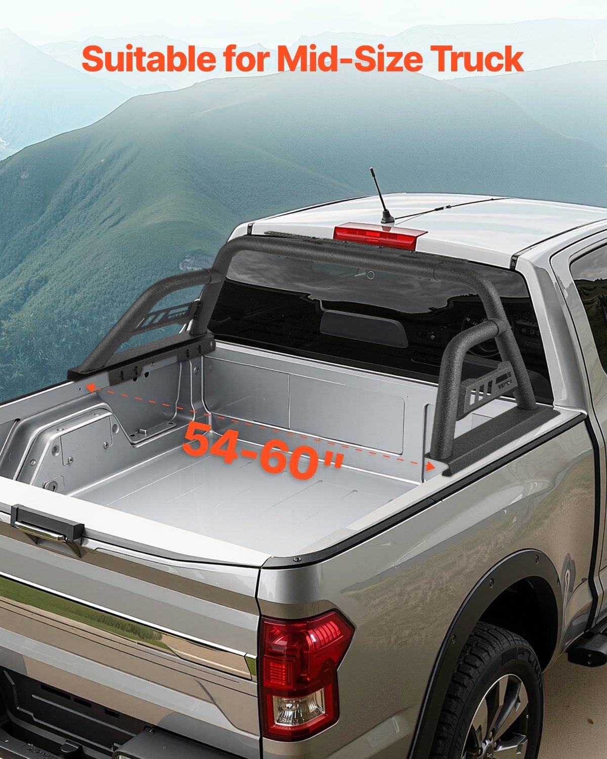 Truck Bed Roll Bar, Universal Pickup Sport Adjustable Bar Chase Rack Compatible with Mid-Size Truck, Carbon Steel Construction with Extension Light Bracket, No Rack Included