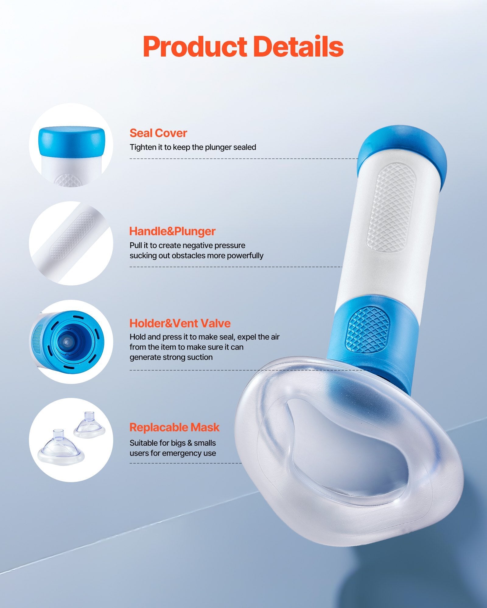 Choking Rescue Device, Portable Airway Clear Anti Choking Suction Device with 4 Multi-size Masks and 1 Storage Bag, First Aid Kit for Removing Blocked Objects, for Home, School, Travel